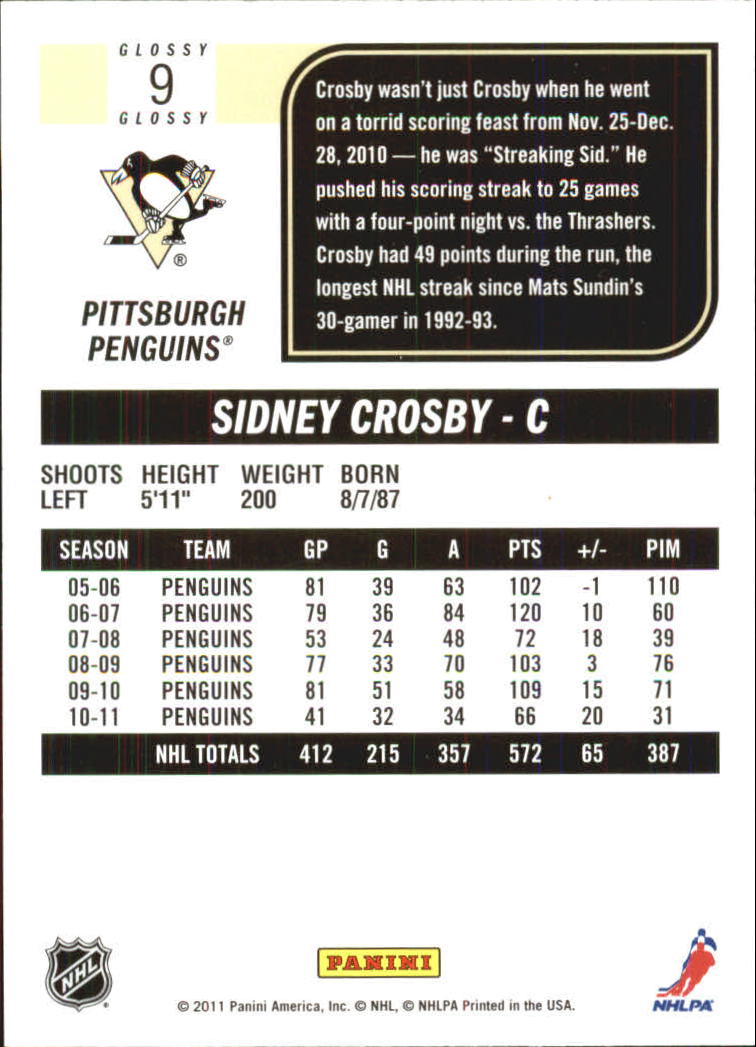 2011-12 Score Glossy #9 Sidney Crosby SH back image