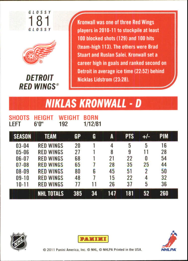 2011-12 Score Glossy #181 Niklas Kronwall back image
