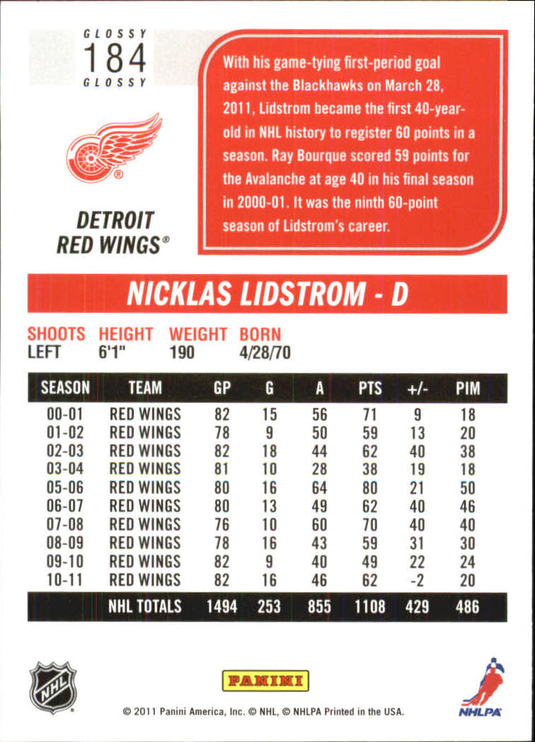 2011-12 Score Glossy #184 Nicklas Lidstrom back image