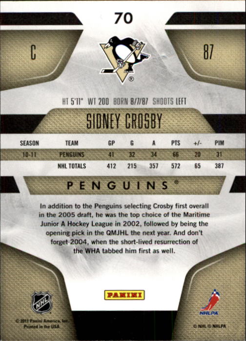 2011-12 Certified #70 Sidney Crosby back image