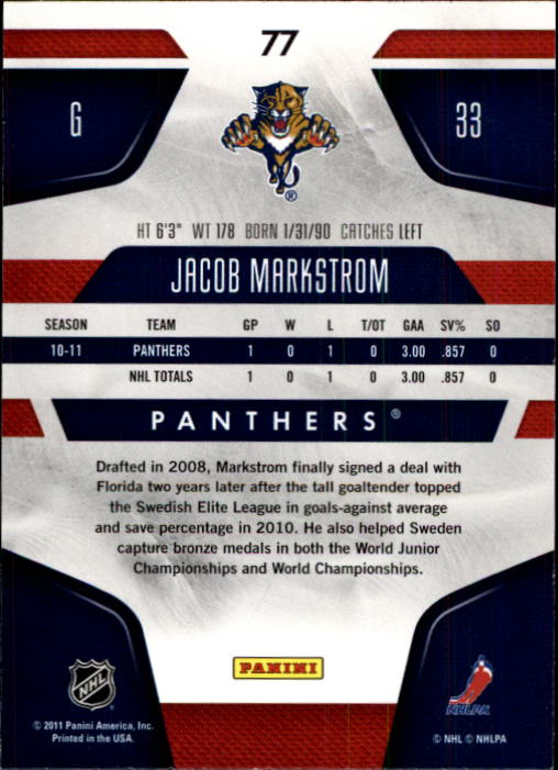2011-12 Certified #77 Jacob Markstrom back image