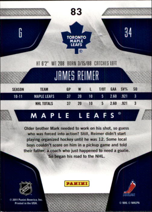 2011-12 Certified #83 James Reimer back image