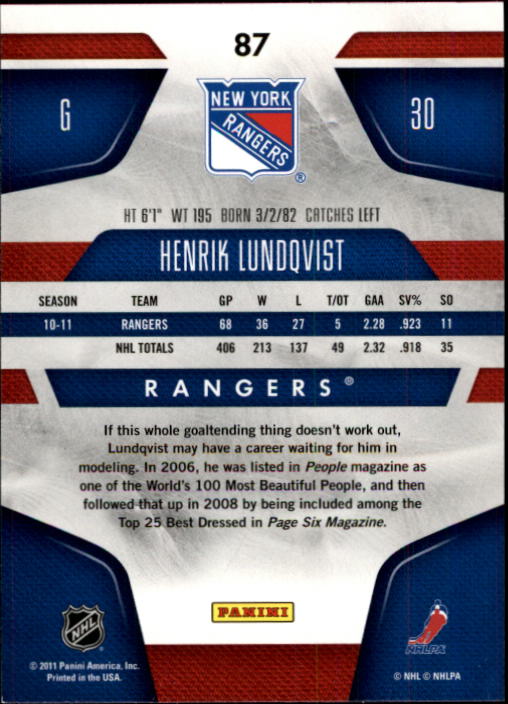 2011-12 Certified #87 Henrik Lundqvist back image