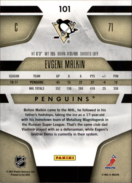 2011-12 Certified #101 Evgeni Malkin back image