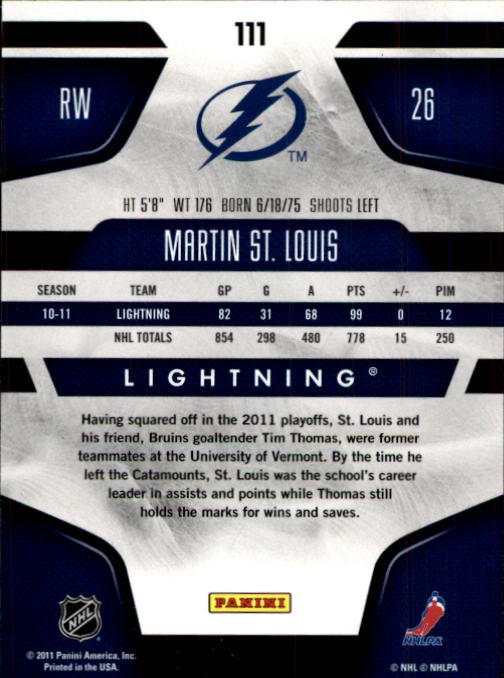 2011-12 Certified #111 Martin St. Louis back image