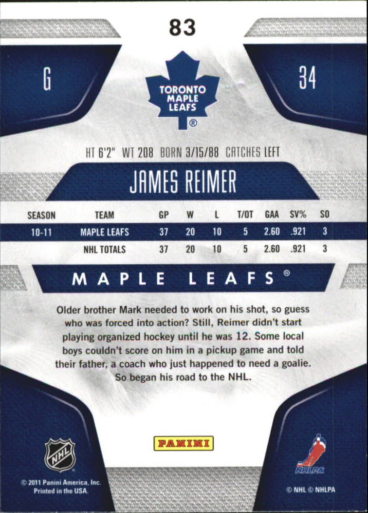 2011-12 Certified Totally Silver #83 James Reimer back image