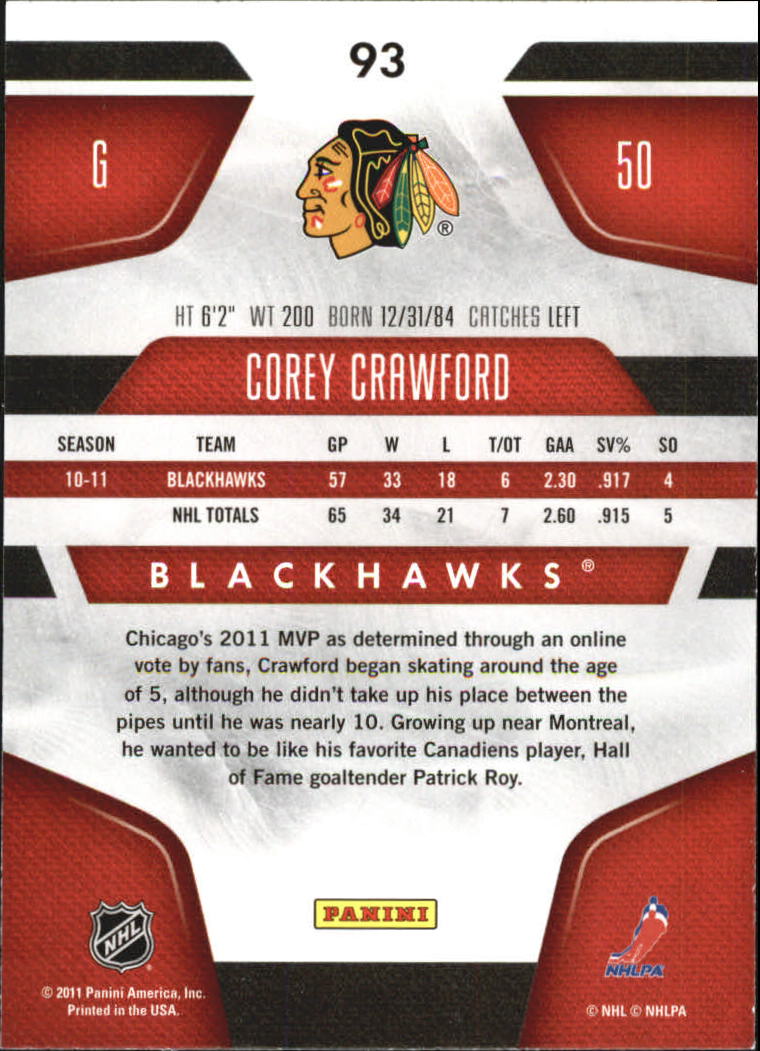 2011-12 Certified Totally Silver #93 Corey Crawford back image