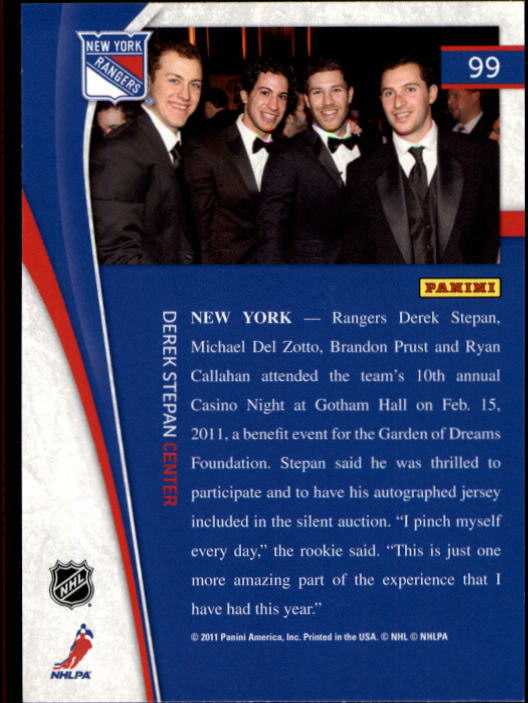 2011-12 Pinnacle #99 Derek Stepan/with Michael Del Zotto/Brandon Prust/and Ryan Callahan back image