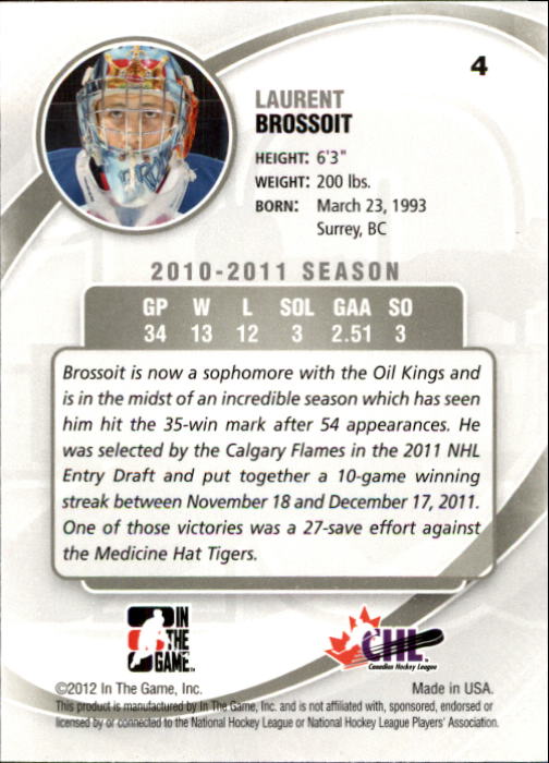 2011-12 Between The Pipes #4 Laurent Brossoit back image