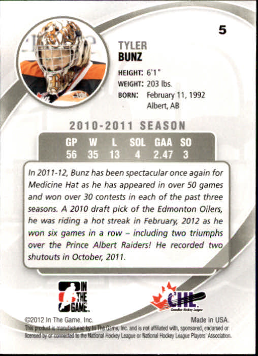 2011-12 Between The Pipes #5 Tyler Bunz back image