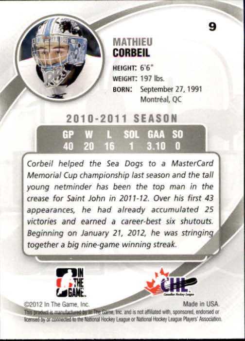 2011-12 Between The Pipes #9 Mathieu Corbeil back image