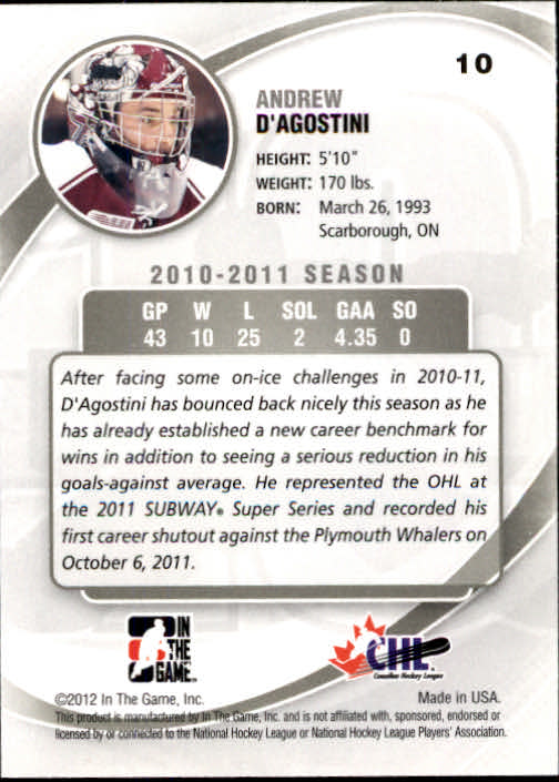 2011-12 Between The Pipes #10 Andrew D'Agostini back image