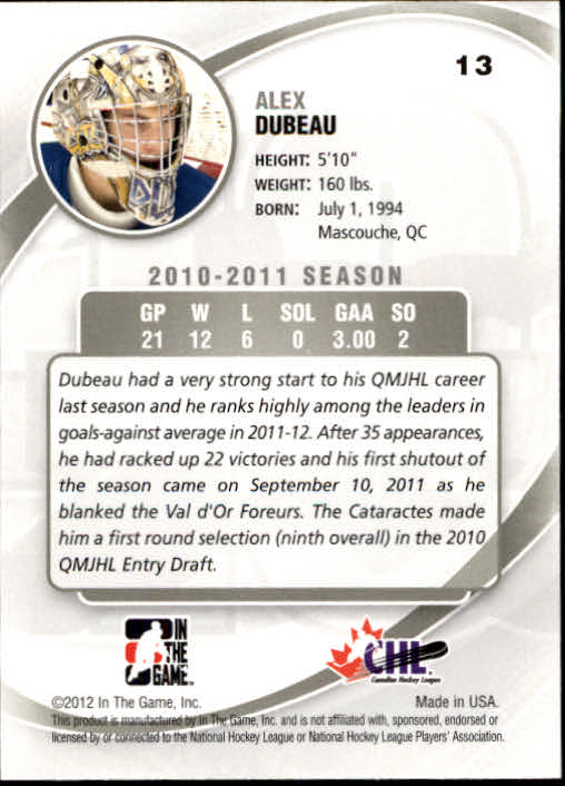 2011-12 Between The Pipes #13 Alex Dubeau back image