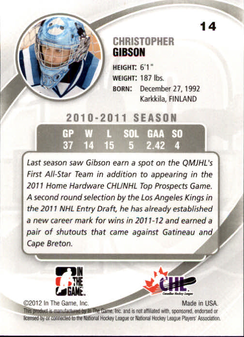 2011-12 Between The Pipes #14 Christopher Gibson back image