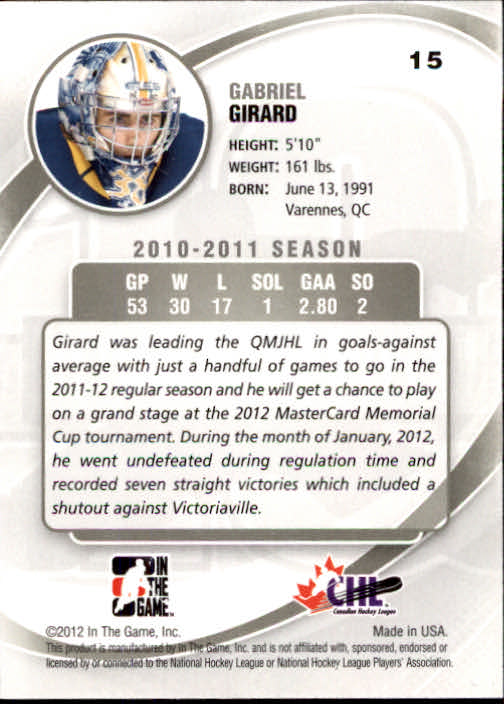 2011-12 Between The Pipes #15 Gabriel Girard back image