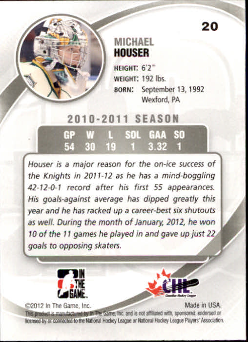 2011-12 Between The Pipes #20 Michael Houser back image