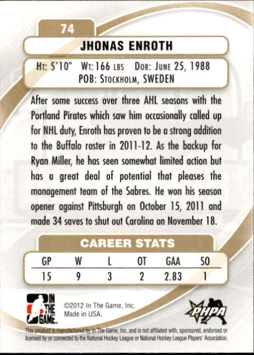 2011-12 Between The Pipes #74 Jhonas Enroth SG back image