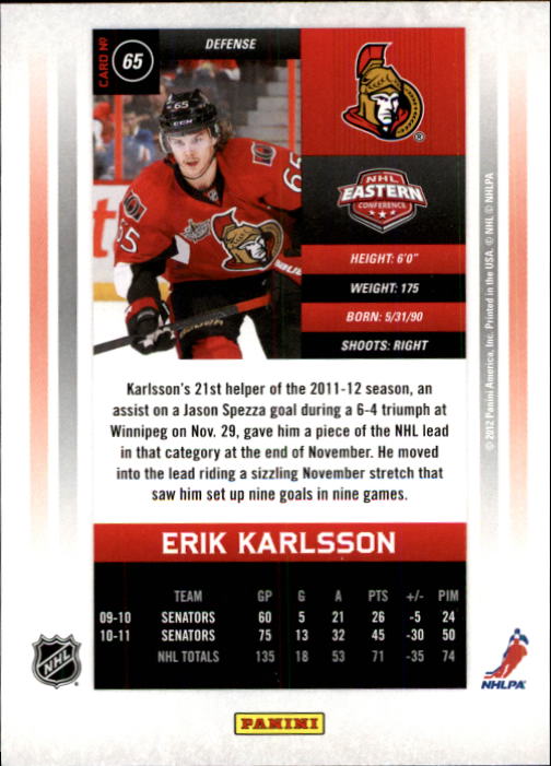 2011-12 Panini Contenders #65 Erik Karlsson back image