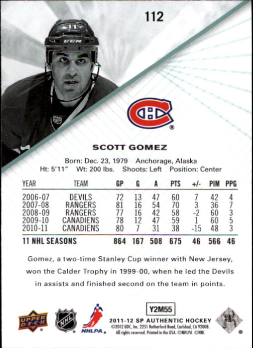 2011-12 SP Authentic #112 Scott Gomez back image