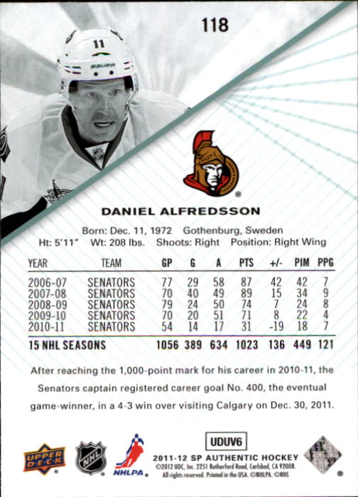 2011-12 SP Authentic #118 Daniel Alfredsson back image