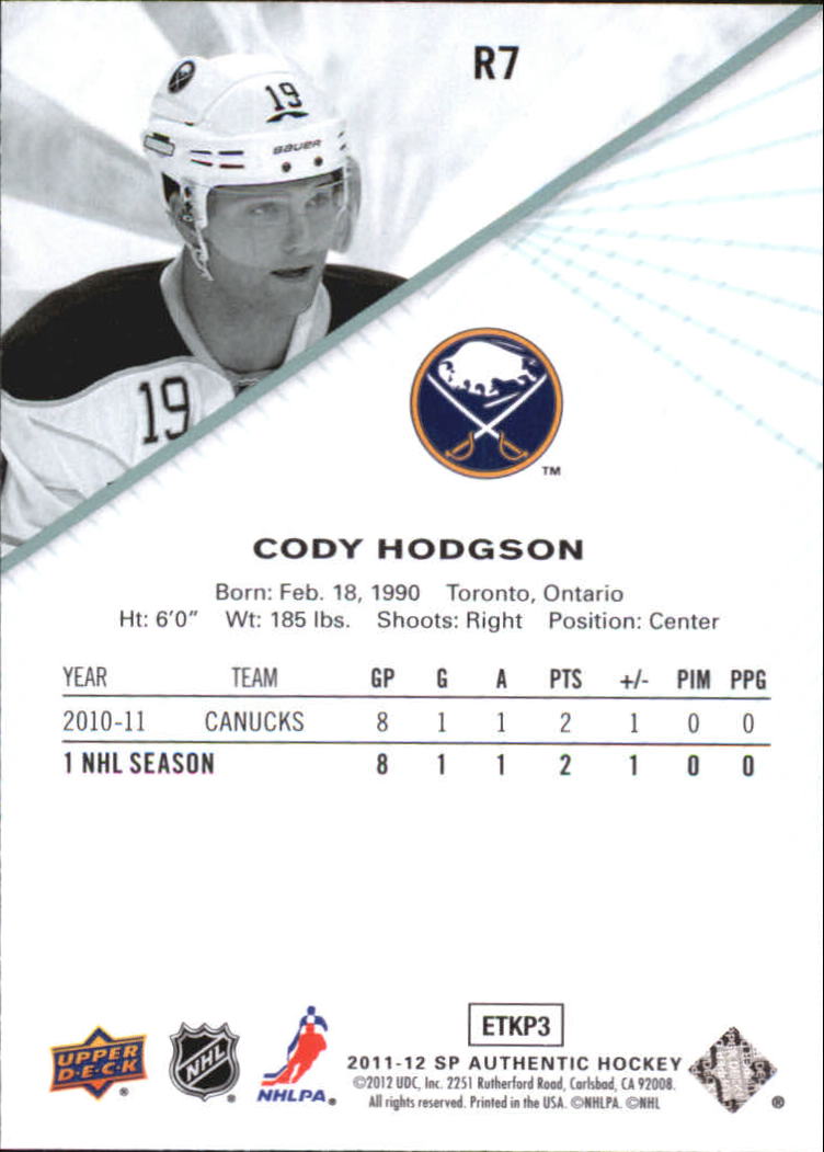 2011-12 SP Authentic Rookie Extended #R7 Cody Hodgson back image