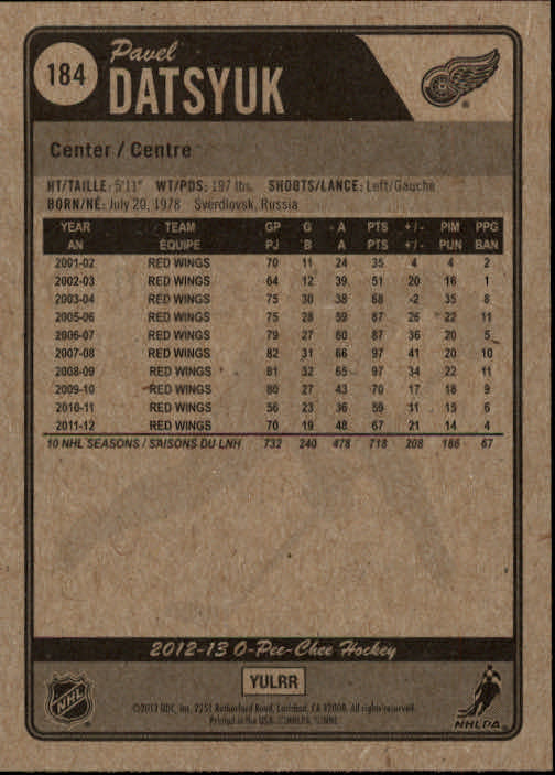 2012-13 O-Pee-Chee #184 Pavel Datsyuk back image