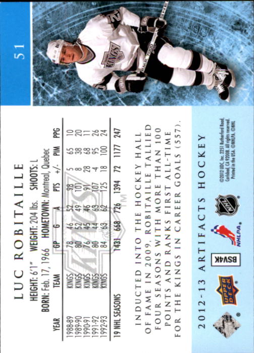 2012-13 Artifacts #51 Luc Robitaille back image