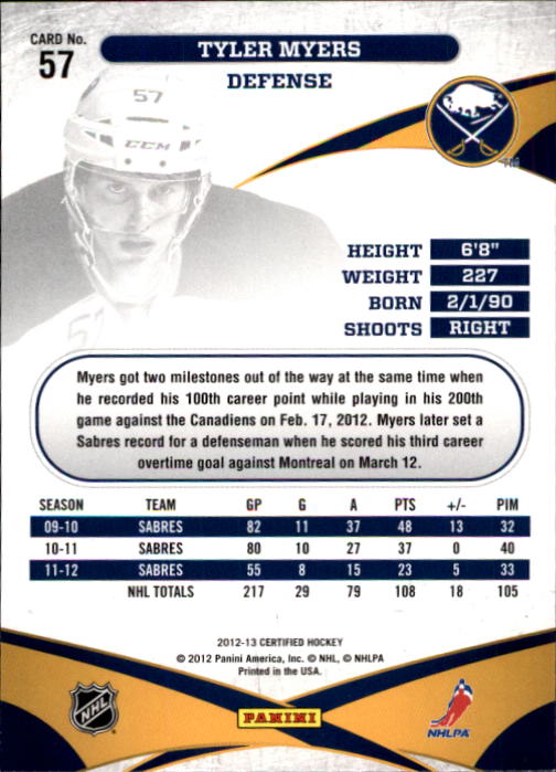 2012-13 Certified #57 Tyler Myers back image