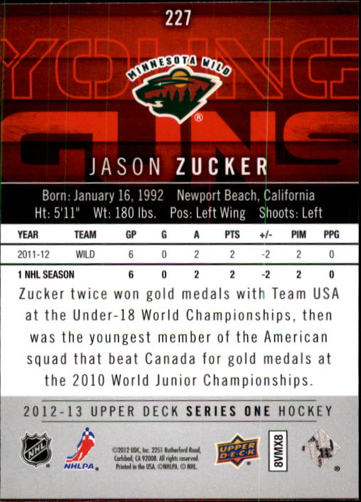 2012-13 Upper Deck #227 Jason Zucker YG RC back image