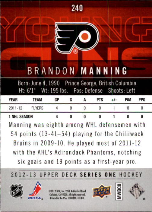 2012-13 Upper Deck #240 Brandon Manning YG RC back image
