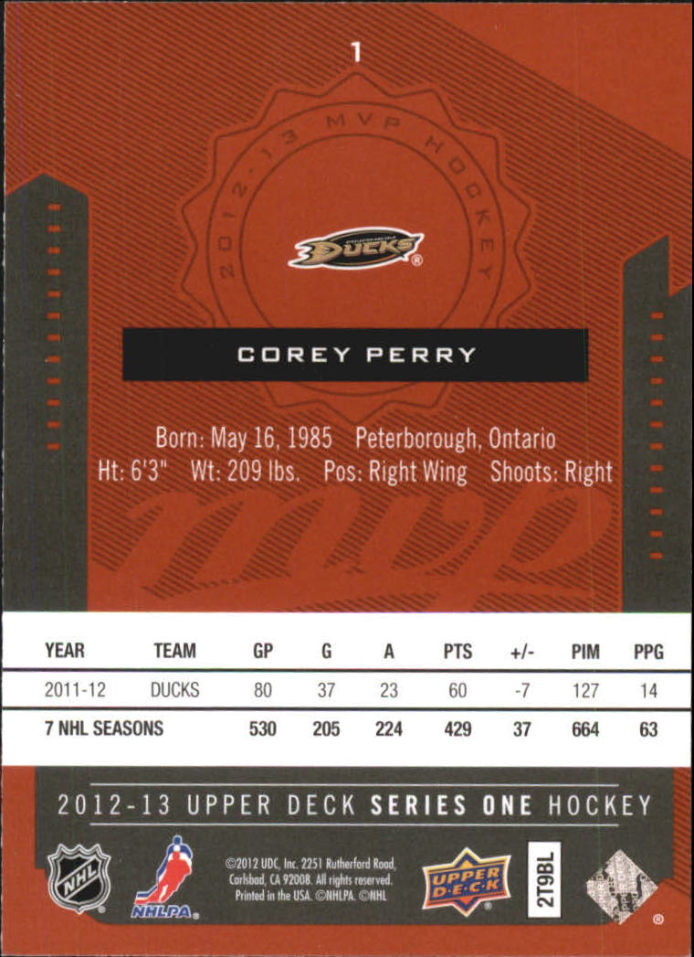 2012-13 Upper Deck MVP #1 Corey Perry back image