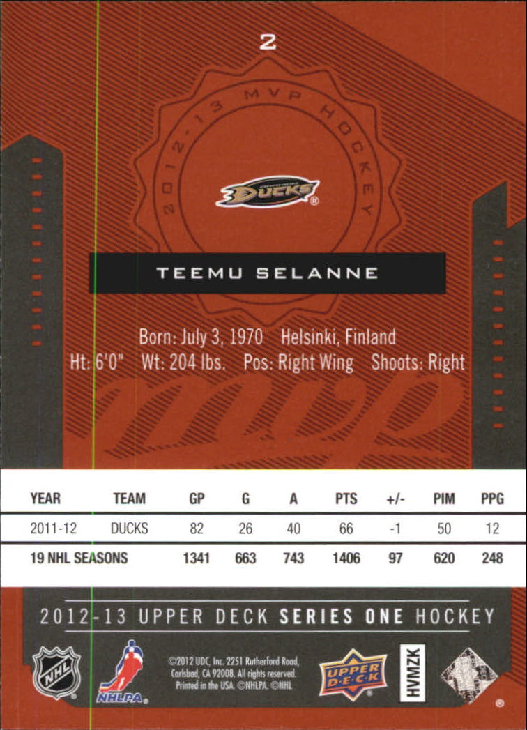 2012-13 Upper Deck MVP #2 Teemu Selanne back image