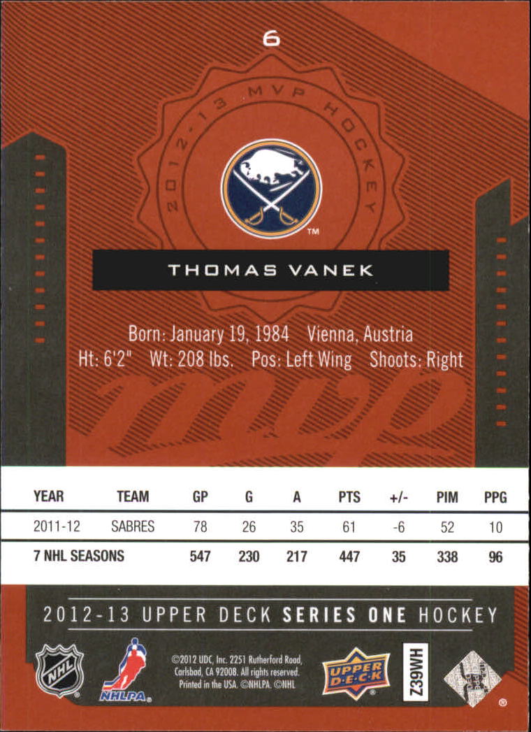 2012-13 Upper Deck MVP #6 Thomas Vanek back image
