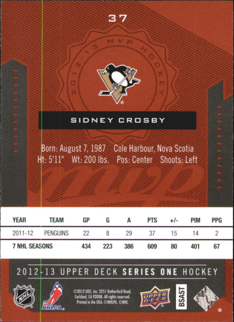 2012-13 Upper Deck MVP #37 Sidney Crosby back image