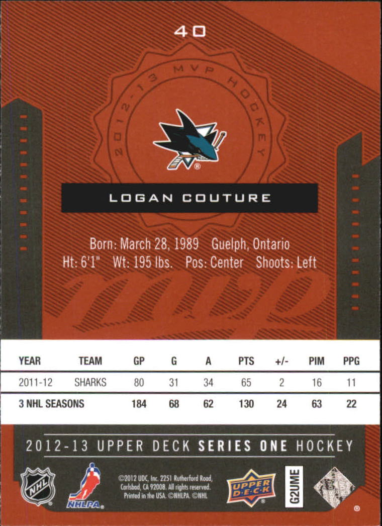 2012-13 Upper Deck MVP #40 Logan Couture back image