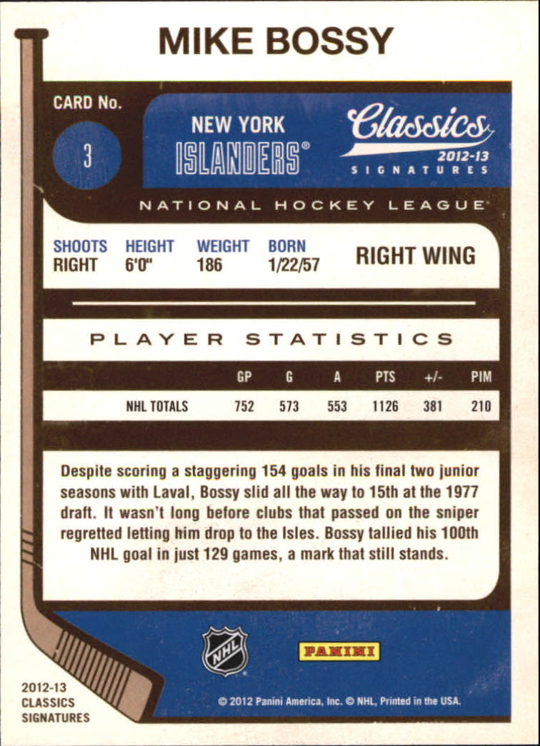 2012-13 Classics Signatures #3 Mike Bossy back image