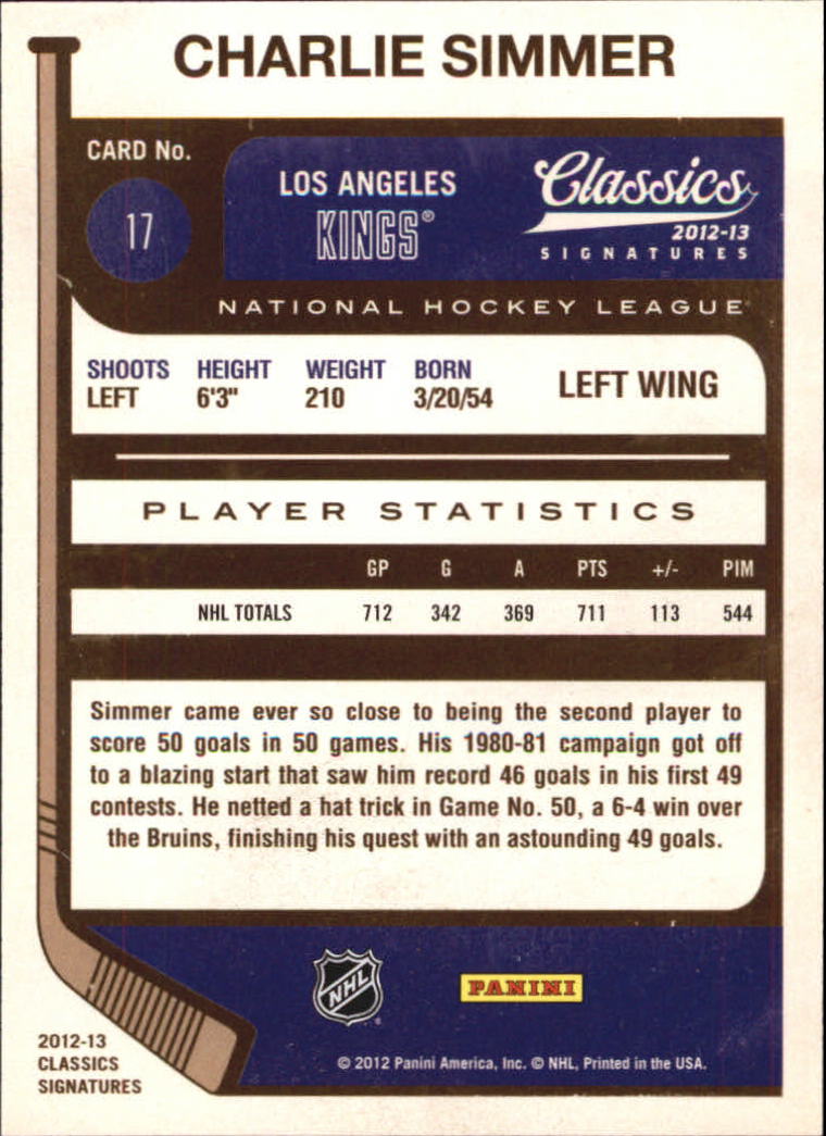 2012-13 Classics Signatures #17 Charlie Simmer back image