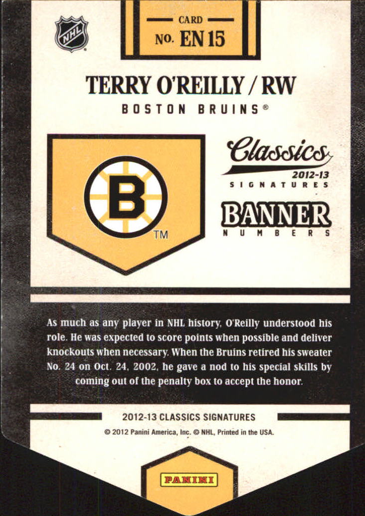 2012-13 Classics Signatures Banner Numbers #15 Terry O'Reilly back image