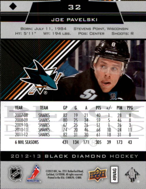 2012-13 Black Diamond #32 Joe Pavelski back image