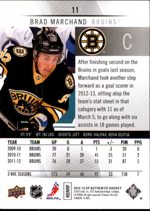 2012-13 SP Authentic #11 Brad Marchand back image