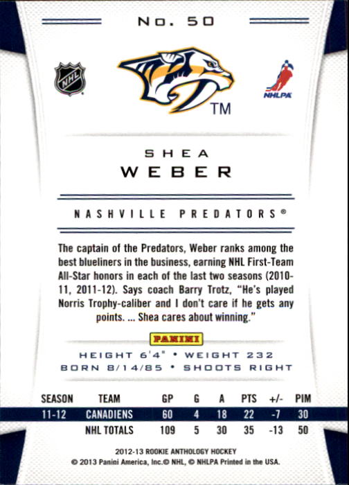 2012-13 Panini Rookie Anthology - #50 Shea Weber