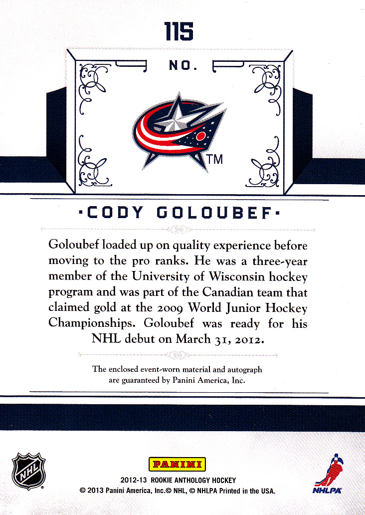 2012-13 Panini Rookie Anthology #115 Cody Goloubef JSY AU/699 RC back image