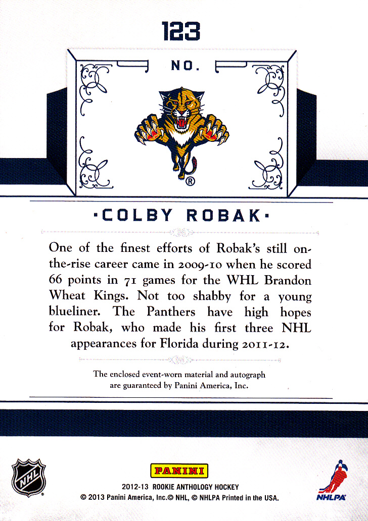 2012-13 Panini Rookie Anthology #123 Colby Robak JSY AU/699 RC back image