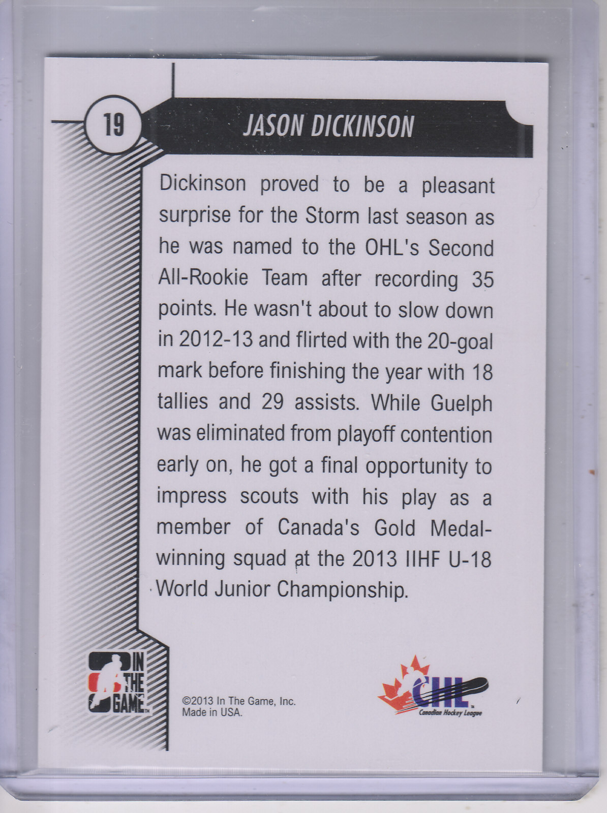 2012-13 ITG Draft Prospects #19 Jason Dickinson back image
