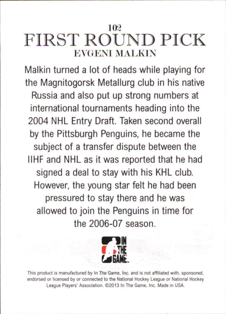 2012-13 ITG Draft Prospects #102 Evgeni Malkin FRP back image