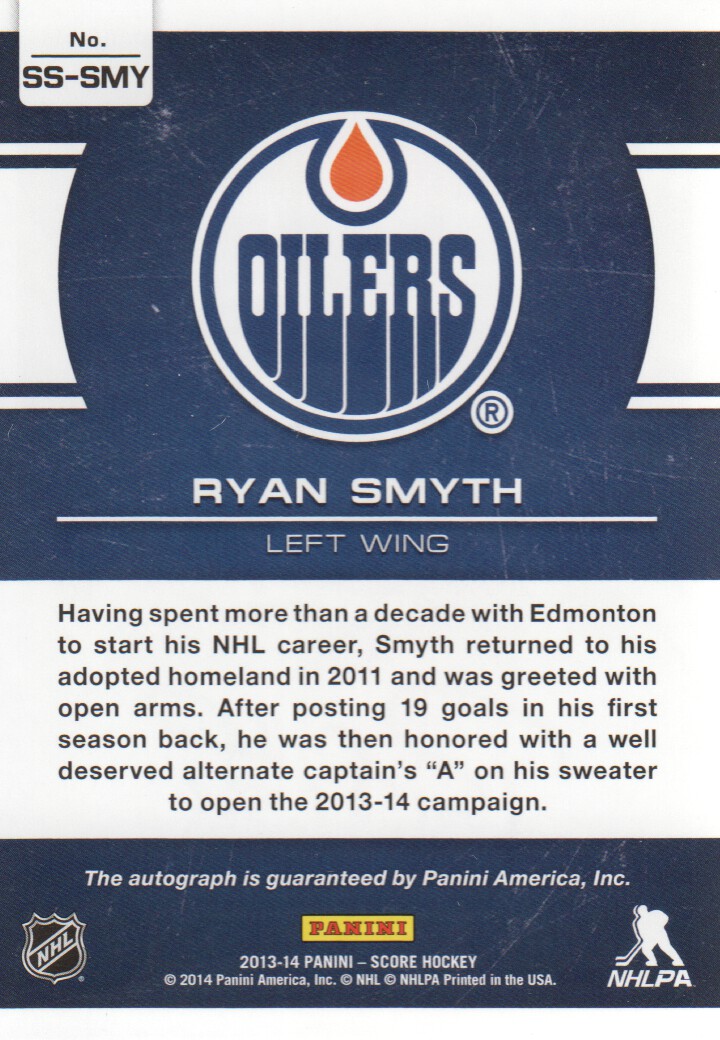 2013-14 Score Signatures #SSRSM Ryan Smyth/(inserted in 2013-14 Rookie Anthology) back image
