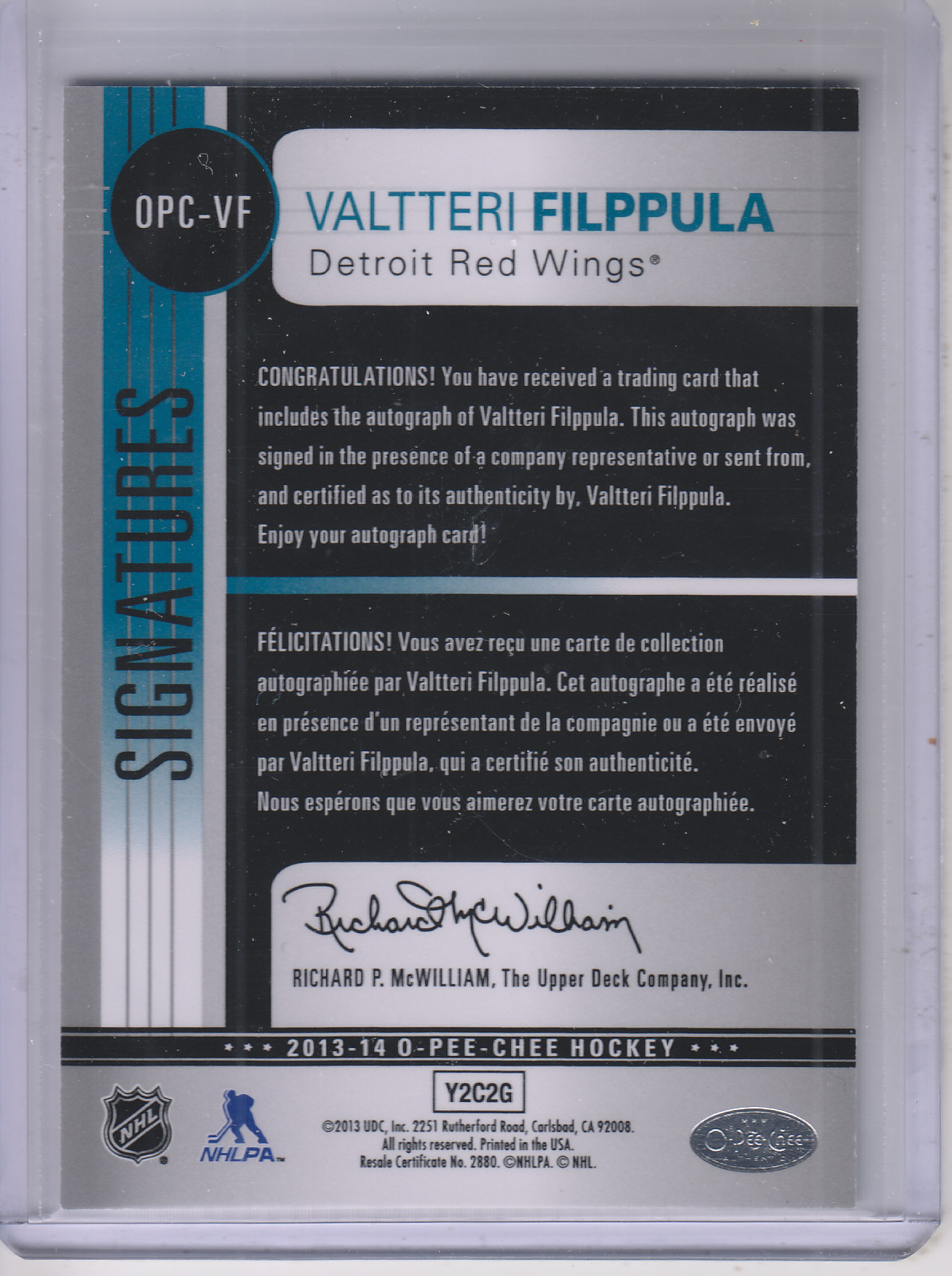 2013-14 O-Pee-Chee Signatures #OPCVF Valtteri Filppula C back image
