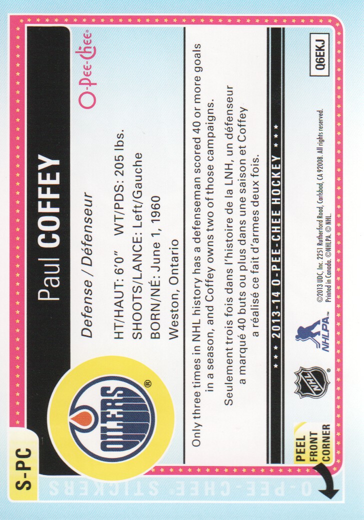 2013-14 O-Pee-Chee Stickers #SPC Paul Coffey back image