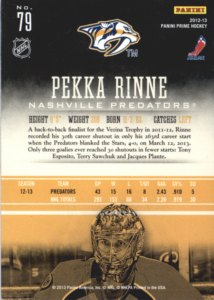 2012-13 Panini Prime #79 Pekka Rinne back image