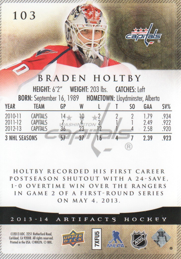 2013-14 Artifacts #103 Braden Holtby G back image